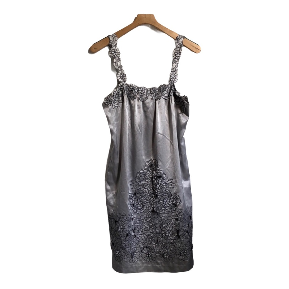 Nelli USA Womens M Silver‎ Satin Floral Lace Trim Slip Dress Cocktail Party